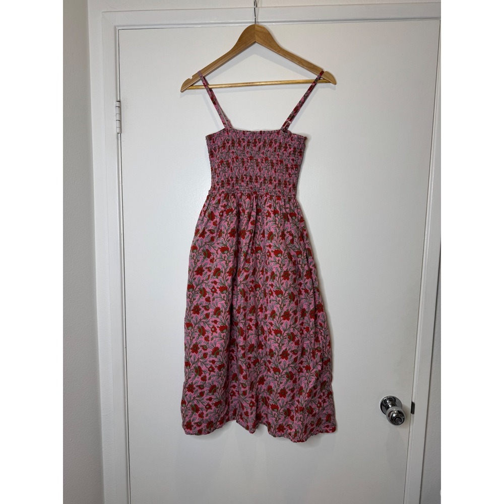 Los Angeles XS Pink Floral Block Print Smocked Midi Dress Cottagecore Coquette